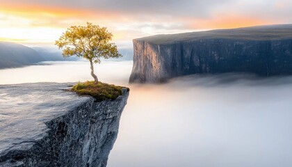 A solitary tree stands on a rocky cliff edge, bathed in the warm glow of sunrise, with a vast expanse of fog filling the valley below.