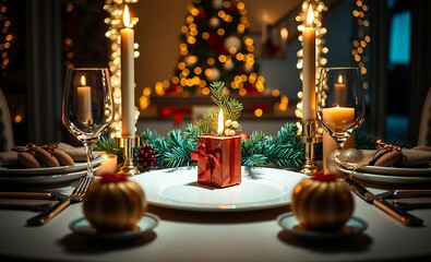 Christmas dinner party celebrate festive dining friendship luxury new year plate christmas party is coming to celebrate luxury decoration pine tree and gift box put around candle at middle christmas b