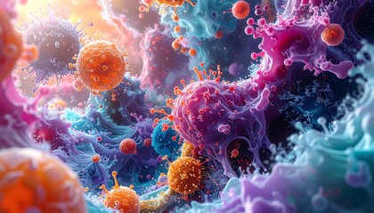 Microscopic view of colorful, vibrant, and abstract viruses