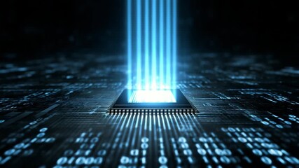 Futuristic microchip processing data streams blue light energy transfer circuit board technology - Powered by Adobe