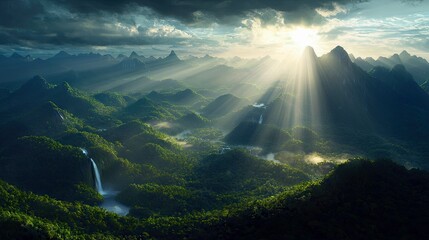 An aerial view of a vast, verdant mountain range with dramatic sunbeams piercing through the clouds and illuminating waterfalls and mist-filled valleys.