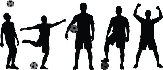 Silhouettes of people playing soccer, kicking ball, celebrating goal, holding ball, resting foot, dynamic poses, sports action, football movement, athletic interaction, black and white