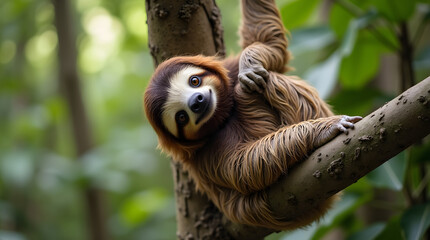 Naklejka premium Funny sloth hanging on tree branch, cute face look, perfect portrait of wild animal in the Rainforest of Costa Rica scratching the belly, Bradypus variegatus, brown-throated three-toed sloth, relaxed 