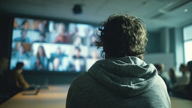 Person from behind watching a large screen displaying a video conference with multiple participants in a modern meeting room, remote work concept photo