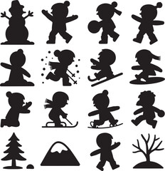 Winter Silhouette Vector Set featuring Kids Snowman and Mountain Landscape