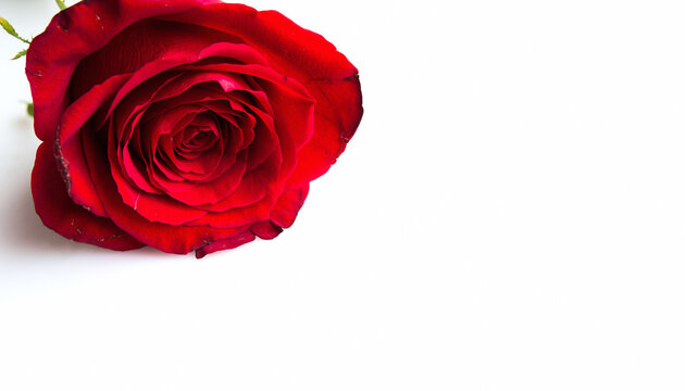 Closeup of a vibrant red rose on a clean white background. Symbol of love, passion, and beauty. Ideal for romantic themes, Valentines Day, or elegant designs.