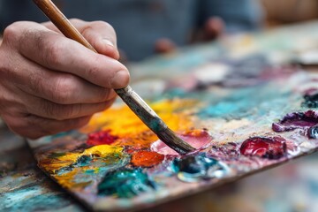 Obraz premium Artist mixing vibrant colors on palette during creative session in a studio
