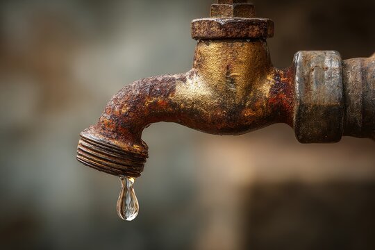 Old faucet dripping water at an abandoned site with rust and wear showing its age