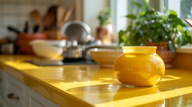 Vibrant yellow kitchen countertop showcasing various cooking and decor elements