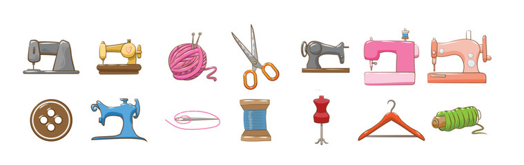 Collection of editable vector icons representing shoe making tailoring and repair services with tools and materials. Vintage and modern sewing machine silhouettes set for creative design, Vector illus