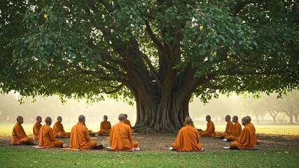 Monks meditating under a large tree, embodying peace and tranquility.