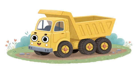 Cute yellow dump truck in a soft, kid-friendly style. Ideal for construction-themed materials and playful educational sets.