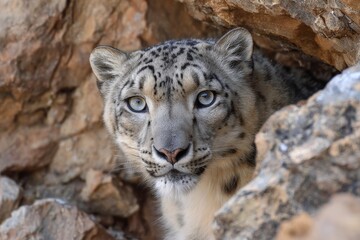 Obraz premium Snow leopard peers from rocky hideout in a mountain landscape during daylight hours