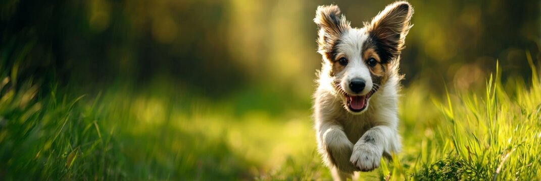 Happy dog runs through a sunlit forest path filled with green grass in the afternoon. Place for text