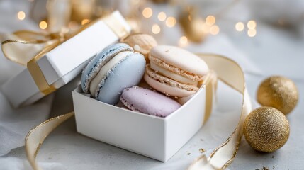 Soft pastel macarons rest in a charming gift box, adorned with gold ribbon. Surrounding decorations create a warm, festive atmosphere perfect for celebrations