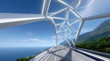 A futuristic, geometric bridge structure with integrated lighting arches over a highway. The bridge overlooks a scenic coastal landscape with mountains and the