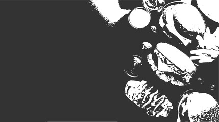 High Contrast Black and White Image of Burgers Fries and Drinks on Dark Surface food hamburger