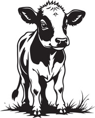 Cartoon vector illustration of cute black and white farm animals like cow, calf, bull, and goat, isolated as dairy livestock head art
