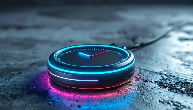 Futuristic Time Neon-lit Circular Device with Analog Clock Hands