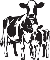 Cute cartoon black and white cow and calf vector illustration on farm © Saidar