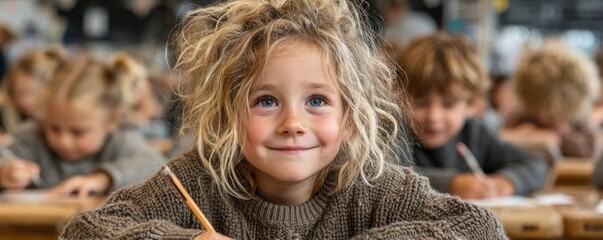 Young girl attentively working in a classroom with classmates in the background