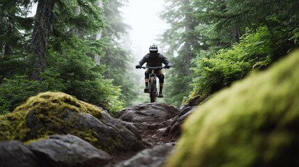 Obraz premium A mountain biker navigates a rocky trail through a lush forest. Represents adventure, resilience, and the connection with nature. Ideal for outdoor, sports, and travelrelated content.