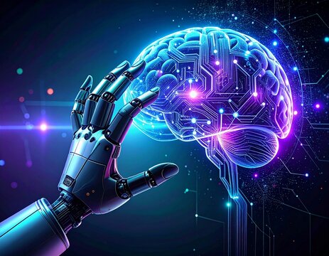 Robotic hand touching holographic AI brain on dark interface - Powered by Adobe