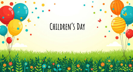 Horizontal vector poster design featuring green grass, flowers, and colorful decorative balloons, themed around World Children's Day.
