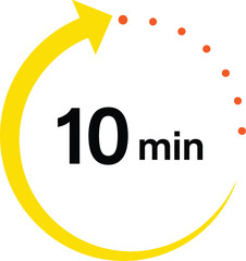Ten minute timer icon with a yellow circular arrow and orange dotted progress, symbolizing quick service, delivery, or processing time.