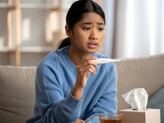 Concerned Young Woman Taking Temperature at Home