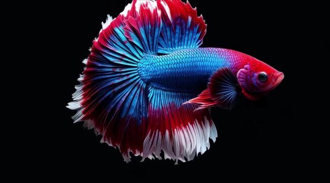 Stunning Red, White, and Blue Halfmoon Betta Fish on a Black Background