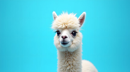 Naklejka premium Funny white alpaca with a fluffy coat and endearing expression on a vibrant blue background, the alpaca's soft fur and gentle gaze standing out against the bright contrasting color, its large eyes 