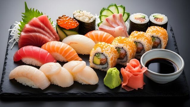 A beautifully arranged sushi platter featuring assorted nigiri, sashimi, and sushi rolls served on a black slate plate.