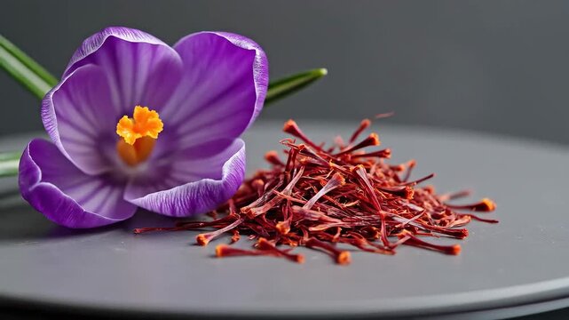 Saffron Crocus Flower and Dried Saffron Threads on a Plate.