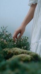 Fototapeta premium The hand of a young East Asian woman in a flowing white dress gently brushes across soft, rounded moss-covered bushes