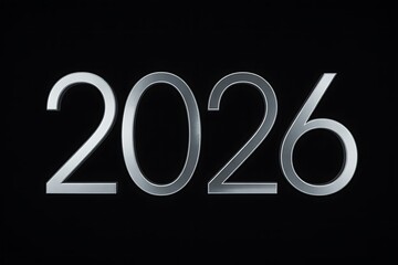 Sleek silver 2026 design against elegant black backdrop offers a stylish visual for new year celebrations, future milestones, or futuristic concepts