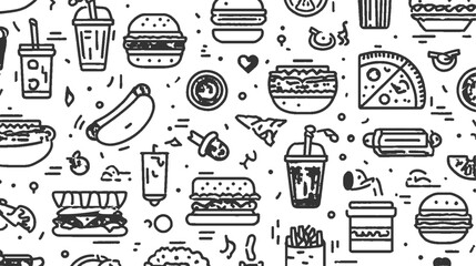 Black and white outline pattern of fast food items and drinks on a white background vector