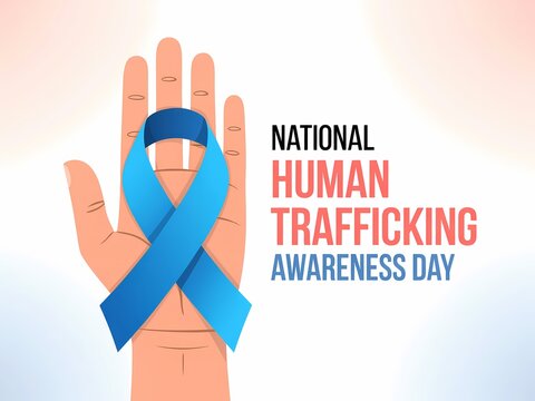 National human trafficking awareness day symbol of hope with blue ribbon on open palm
