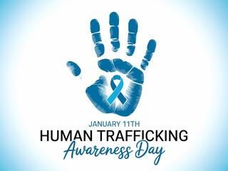 Blue handprint with teal ribbon symbolizes human trafficking awareness day support