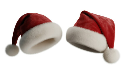 Two red santa hats with white trim and pom poms on white background