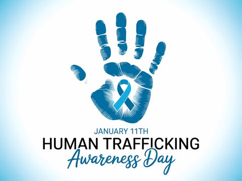 Blue handprint with teal ribbon symbolizes human trafficking awareness day support - Powered by Adobe