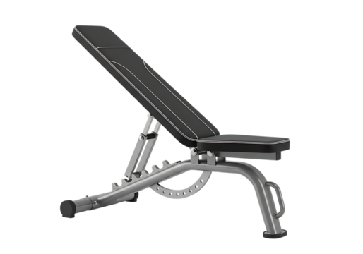 Adjustable weight training bench with sturdy metal frame for home gym workouts isolated on transparent background