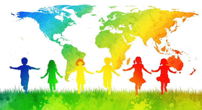 World Children's Day themed, running children silhouettes and a watercolor world map in rainbow colors in the background.