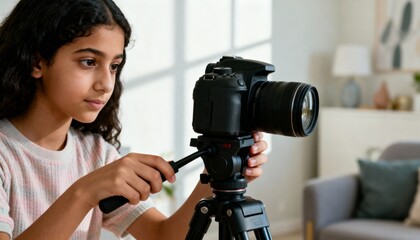 Middle Eastern Teen setting up camera tripod in soft window light, calm mood, indoor close-up