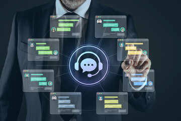 Businessman interacting with an AI chatbot assistant on a futuristic virtual dashboard