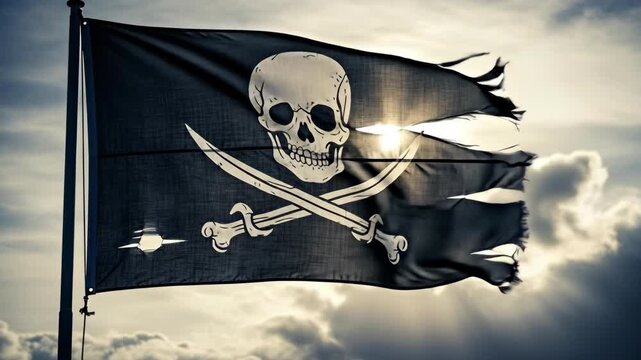 A worn pirate flag flutters against a dramatic, cloudy sky.