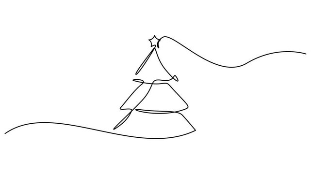 Christmas trees and deers continuous one line drawing animation. minimalist style isolated on white background