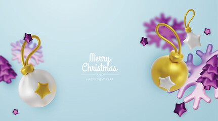 Happy New Year and Merry Christmas. Christmas holiday background with realistic 3d objects, bauble balls, conical metal stars. Levitation falling design composition.