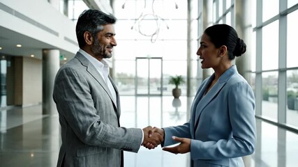 Business professionals shaking hands in modern office lobby expressing partnership and successful deal
