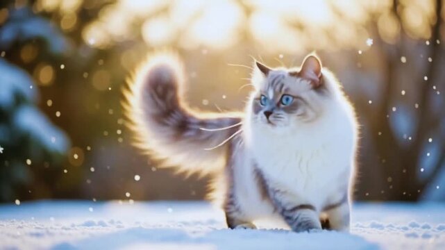 Majestic Ragdoll Cat with Blue Eyes Standing in Sunny Winter Snow